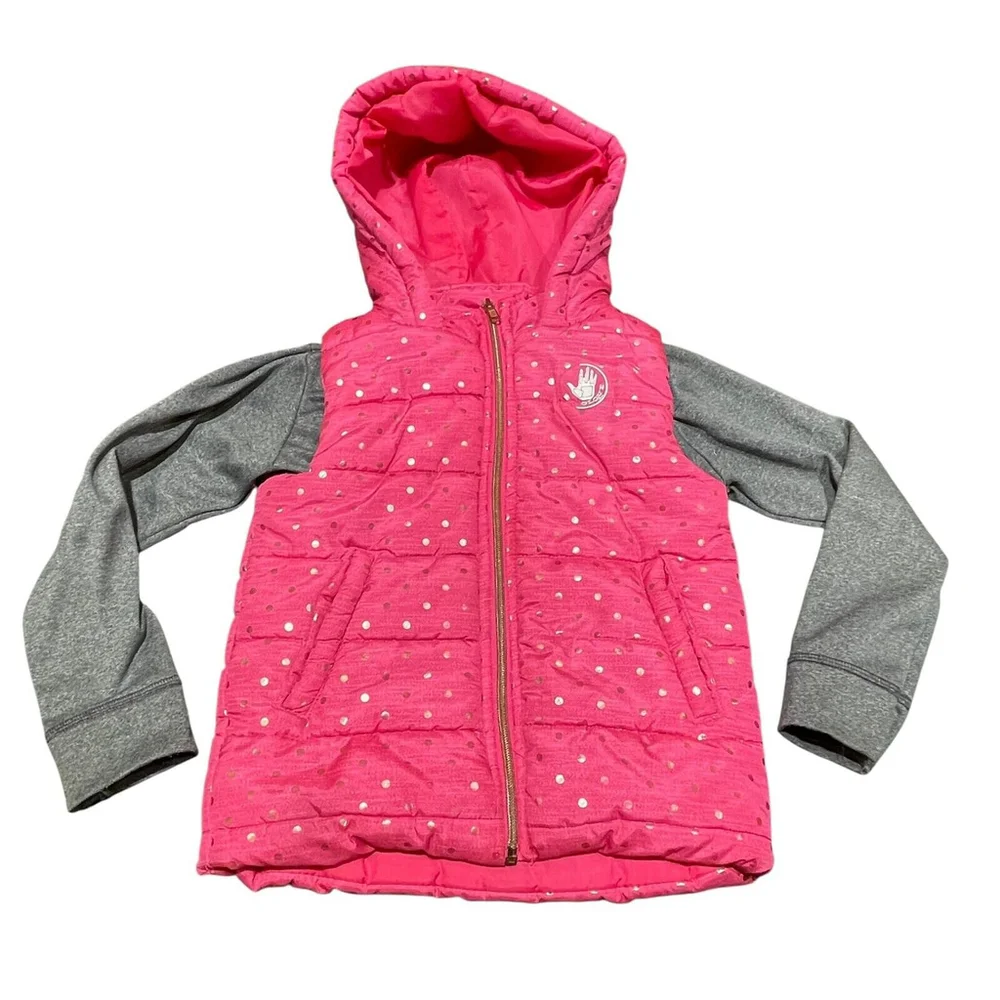 Body Glove Girls Pink Puffer Hooded Vest with Gray Lined Sleeves Size 6 GUC FLAW